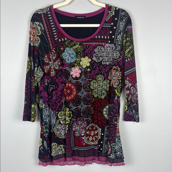 Taifun Multicoloured 3/4 Sleeve Ruffled Hem Graphic Blouse Size 14 - Picture 2 of 12